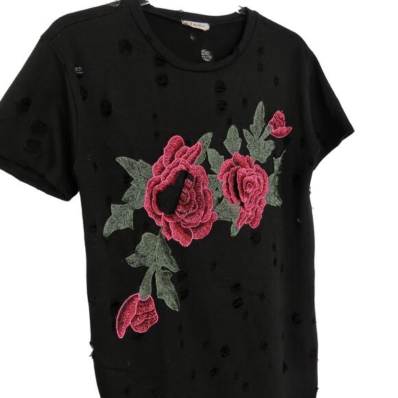 Urban Outfitters Black Embroidered Floral Rose Edgy Ripped Top Small - Picture 3 of 6